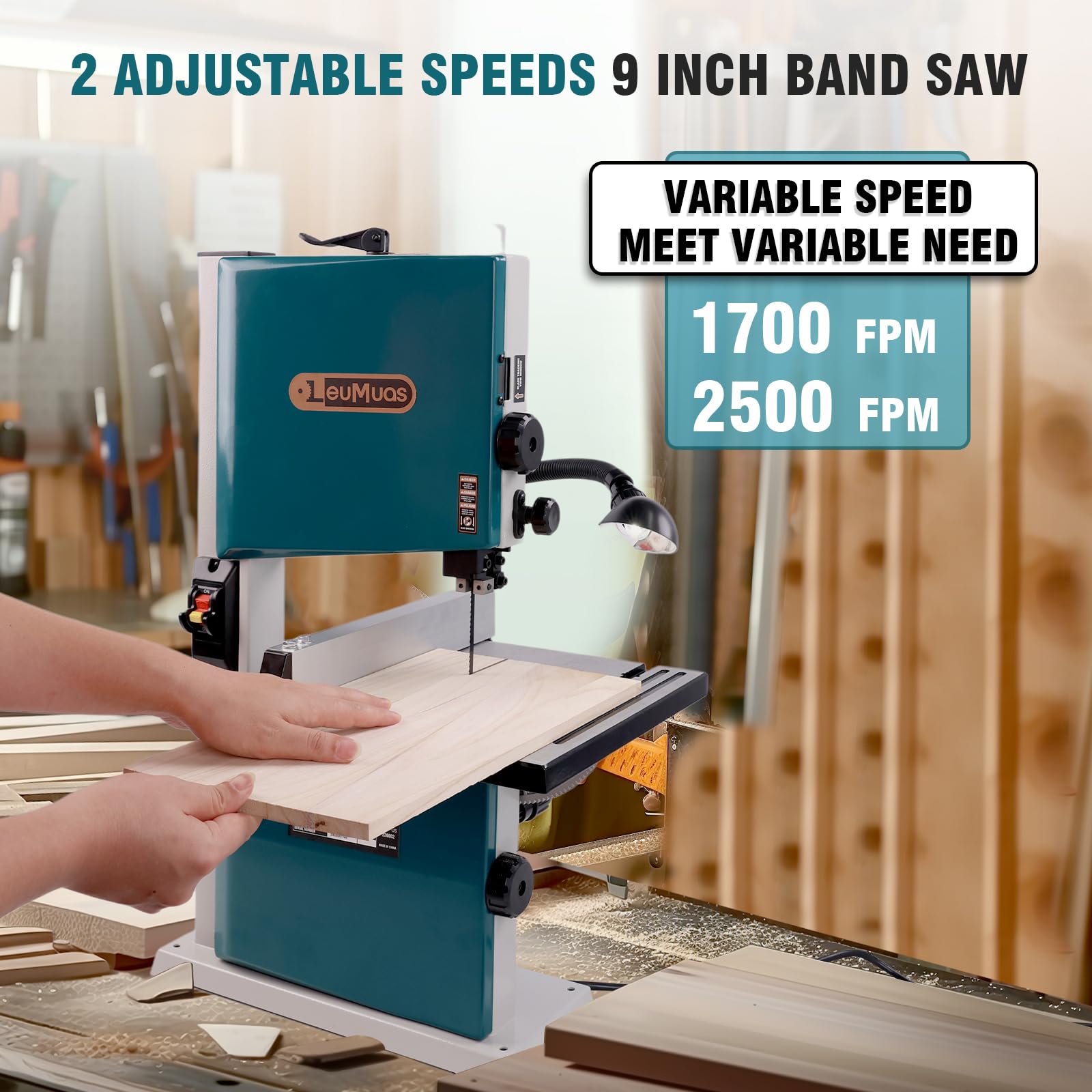 3 Amp 9-Inch Benchtop Band Saw, 2-Speed（1700/2500FPM）with 360° Work Light, Miter Gauge & Rip fence, Steel Base, Band Saws for Woodworking