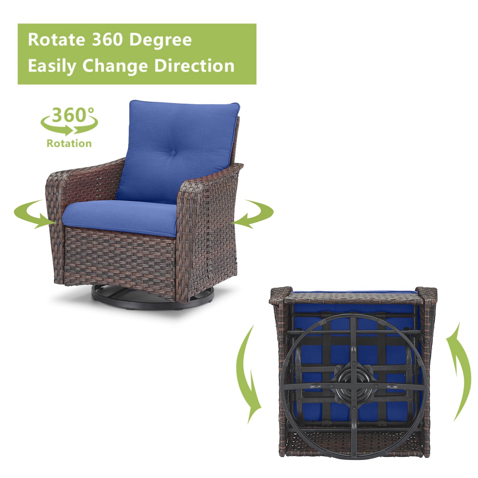 Rilyson Outdoor Patio Rocking Swivel Chairs - 3 PC Wicker Patio Furniture Rocker Chair Set Rattan Patio Bistro Sets with Side Table for Porch Deck Backyard Garden(Brown/Blue)