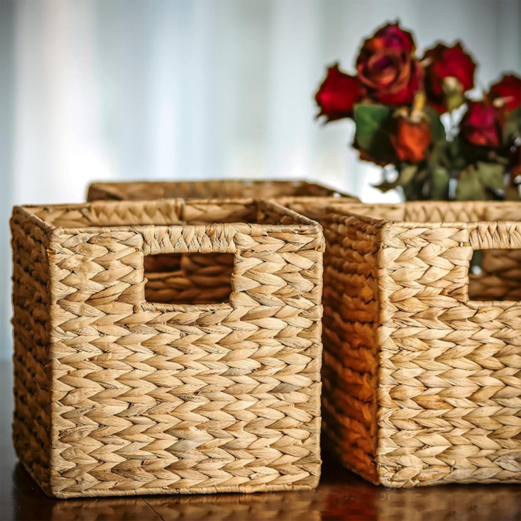 Peosaard Wicker Storage Cubes, 12x12x12 Inch Water Hyacinth Storage Baskets, Handwoven Foldable Square Baskets with Handle, Wicker Cube Baskets for Organizing