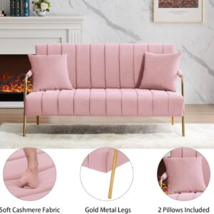 60’’ Modern Loveseat Sofa Couch, Velvet Small Love Seat w/2 Pillows and Metal Legs,2-Seater Upholstered Mini Futon Sofa Couches for Small Space,Lounge Chair, Living Room Bedroom Apartments (Pink I)