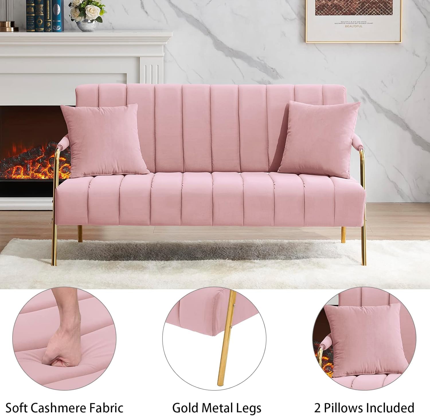 60’’ Modern Loveseat Sofa Couch, Velvet Small Love Seat w/2 Pillows and Metal Legs,2-Seater Upholstered Mini Futon Sofa Couches for Small Space,Lounge Chair, Living Room Bedroom Apartments (Pink I)