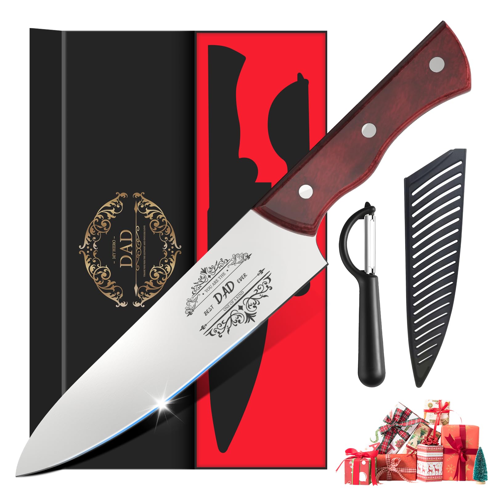 Dchyyds Chef Knife Gift for Men, Engraved 'BEST DAD' Chef Knife 8 Inch Stainless Carbon Steel Kitchen Knife with Sheath - Gift Ideas for Dad on Birthday, Father's Day, Christmas, Anniversary, Holiday