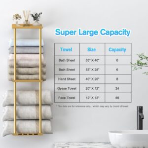 Liuoud Towel Rack for Bathroom, Wall Mounted Bath Towel Holder Storage Organizer for Rolled Towels, Vertical Towel Rack with Shelf Can Holds Up 6 Large Bath Towel, Gold