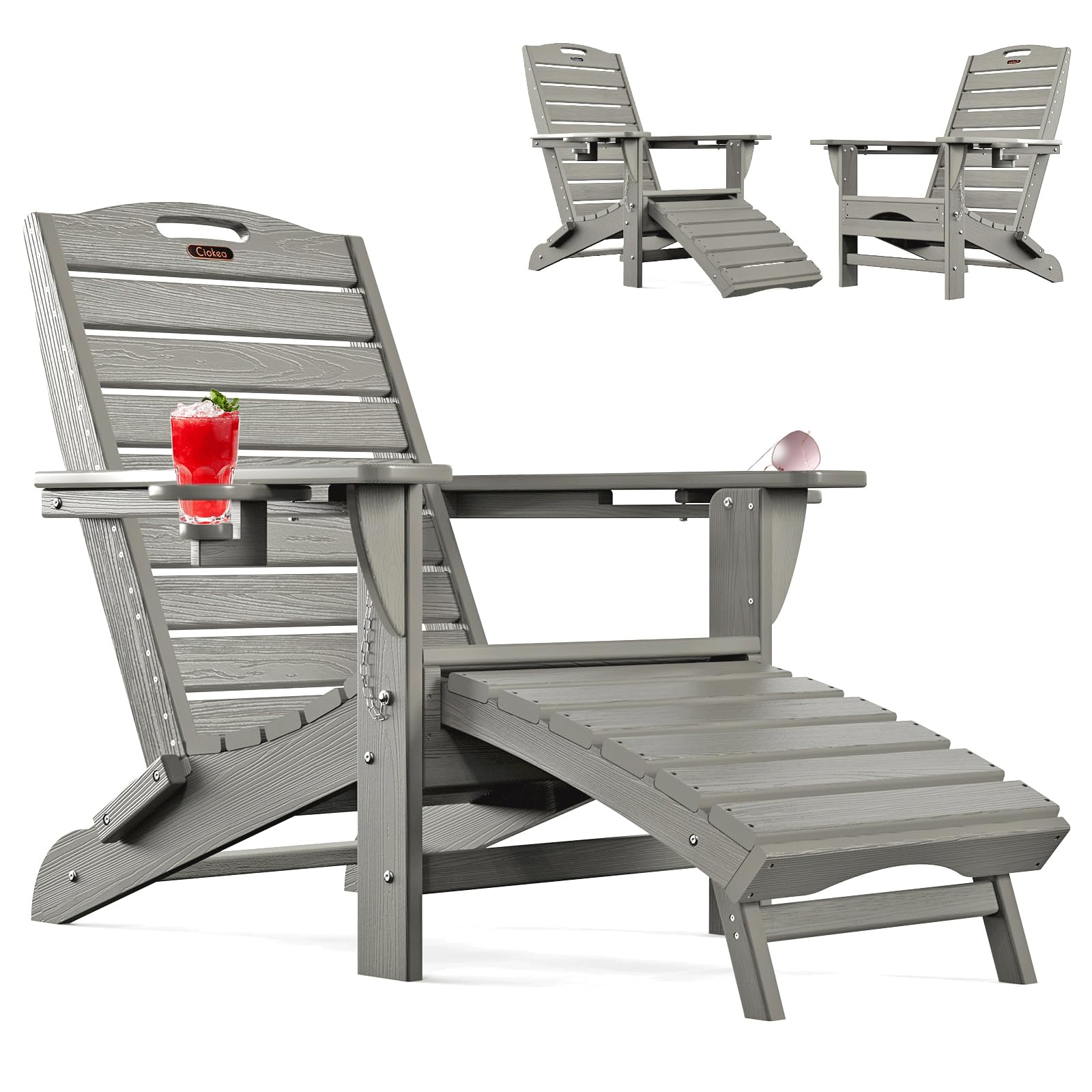 Ciokea Folding Adirondack Chair with Retractable Ottoman Fire Pit Patio Chair with Pull Out Foot Rest Weather Resistant Lawn Outdoor Lounge Chair with 2 Cup Holder (Grey)