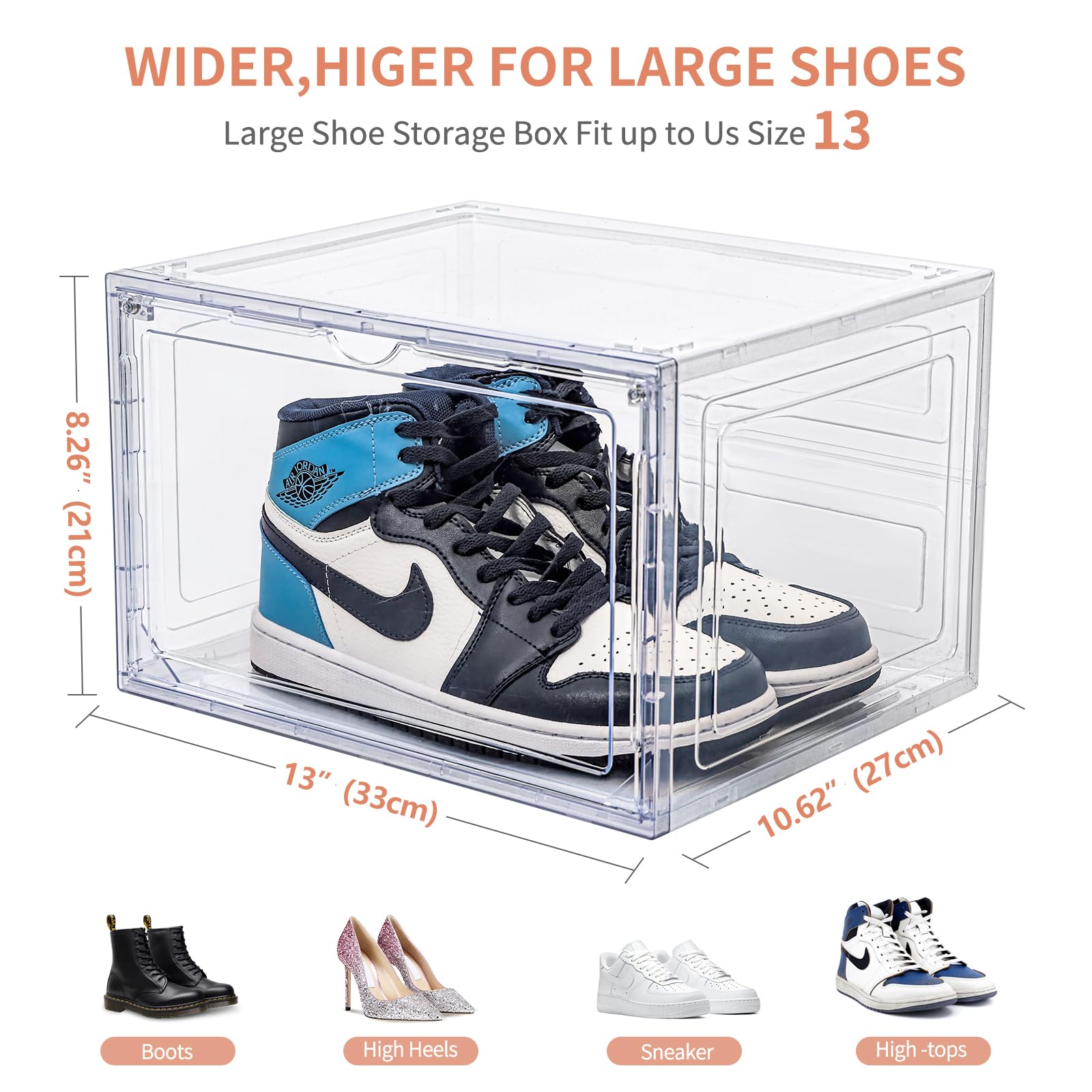 12 Pack Clear Shoe Boxes Stackable,Large Shoe Storage Organizer with Magnetic Door,Drop Side Shoe Containers for Entryway,Sneaker Storage Fit up to US Size 13 for Men/Women(13’’x 10.62”x 8.26”）