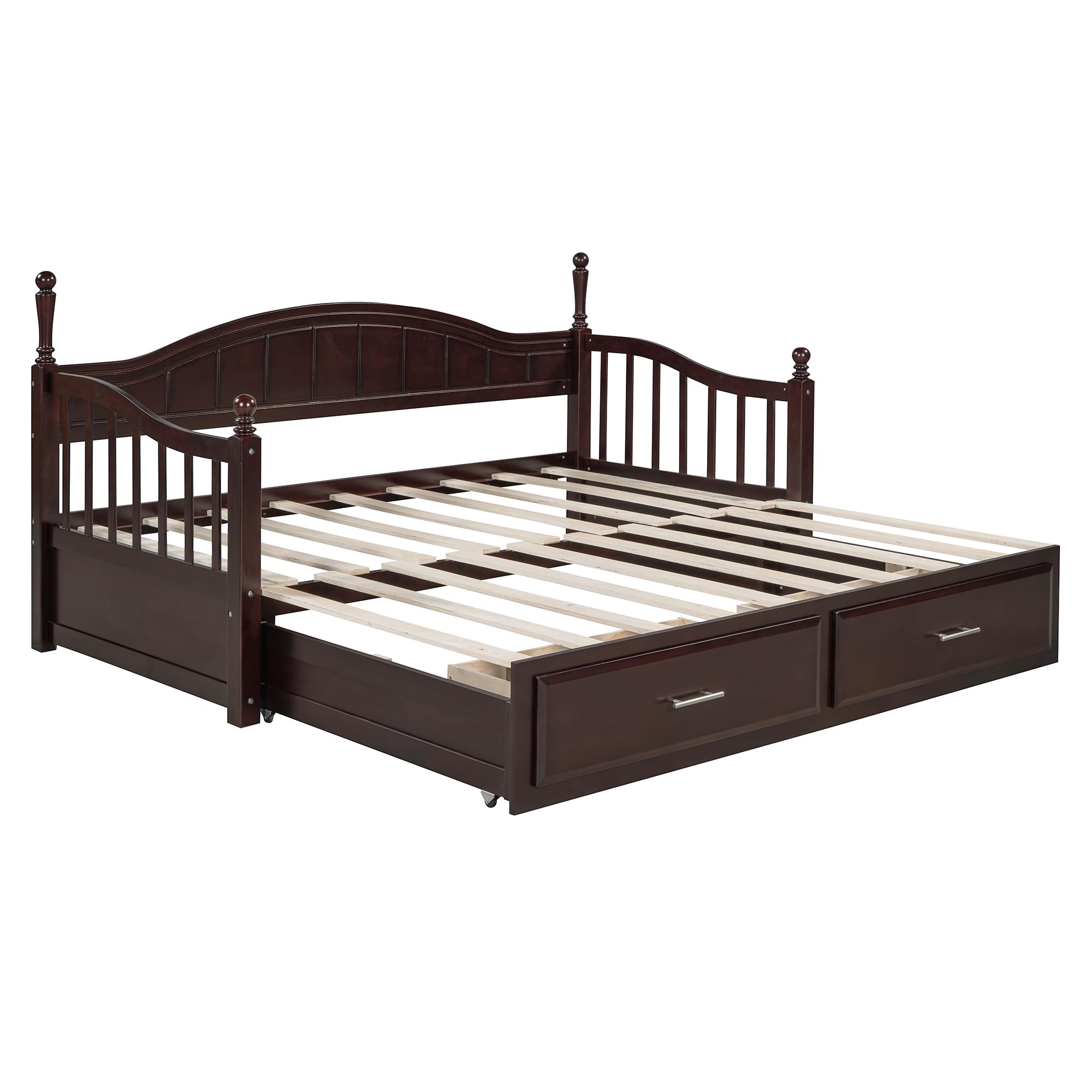 Guxeei Twin Size Daybed, Wooden Extendable Sofa Bed Frame with Twin Size Trundle and Two Storage Drawers for Bedroom, Sturdy Wood Slat Support, No Box Spring Needed, Easy Assembly (Espresso)