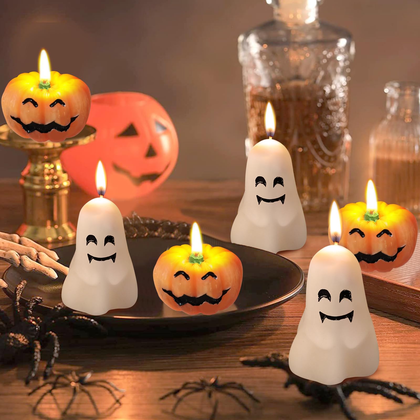 SUNXIZ 12 Pcs Halloween Pumpkin Ghost Candles Mini Spooky Burning Candle Fall Unscented Shaped Handmade Wax Novelty Goth Gifts for Thanksgiving Halloween Party Home Decoration