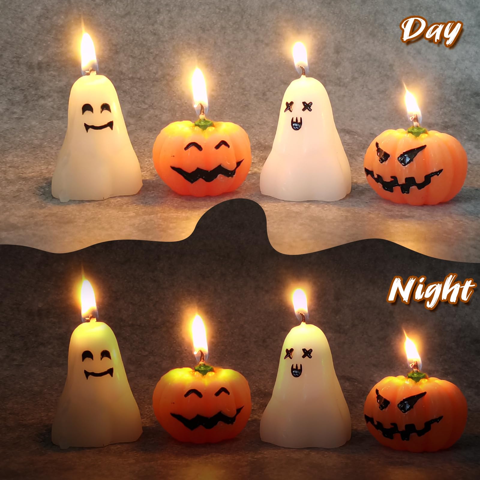 SUNXIZ 12 Pcs Halloween Pumpkin Ghost Candles Mini Spooky Burning Candle Fall Unscented Shaped Handmade Wax Novelty Goth Gifts for Thanksgiving Halloween Party Home Decoration