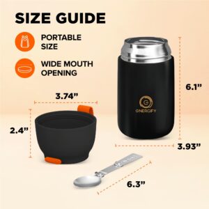 Vacuum Insulated Food Jar. Large 24oz Bowl incl. Folding Spoon, Cup. Wide Mouth Thermos Keep Hot & Cold Drinks Soup Thermo Lunch Container For Adults. BPA-Free Stainless Steel, Leak Proof Black Matte