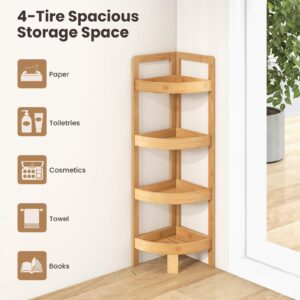 COSTWAY 4 Tier Corner Shelf, 31.5" Bamboo Bookshelf Standing Storage Rack w/Fall Prevention Rail, Ladder Shelf, Freestanding Bathroom Shelf for Bathroom, Living Room, Bedroom, Kitchen, Natural