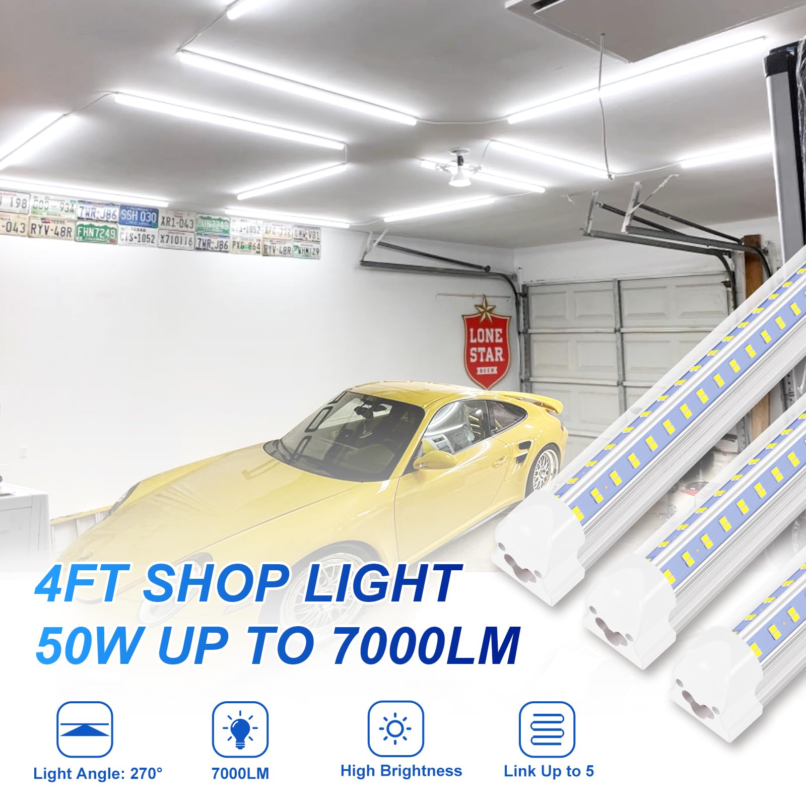 PARNOARCK Led Shop Lights,Led Shop Light 4FT 50W 6500K Daylight White 7000LM,Led Shop Lights Linkable Clear Cover Integrated V-Shape,Led Shop Lights 4 Foot for Workshop (2 Pack)