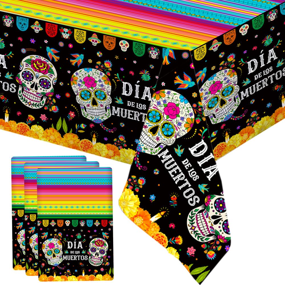 MEHOFOND 3pcs Day of The Dead Tablecloth Dia De Los Muertos Table Cover Sugar Skull Floral Table Cover Mexican Fiesta Plastic Tablecloth for Halloween Mexican Fiesta Party Supplies, 54 x 108 Inch