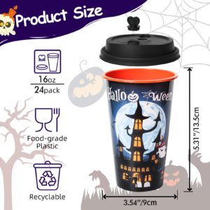 FZR Legend 24 Pack Halloween Party Favors Goodie Cups, Bats Ghost Cats Pumpkin Witch Spider Party Plastic Cups with 4 Patterns, 16OZ Reusable Halloween Party Decorations Supplies Cups with Lids Plugs