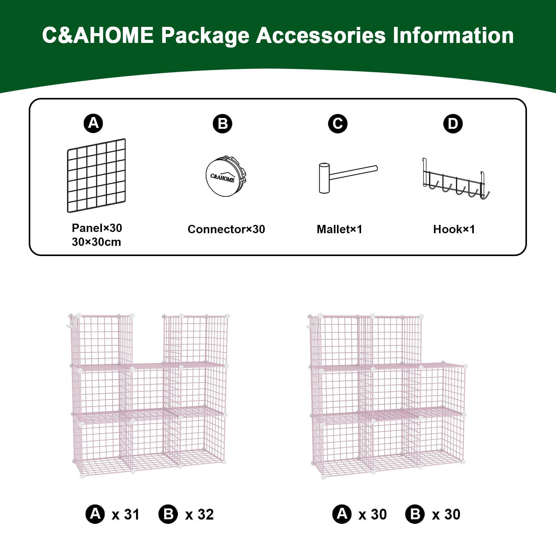 C&AHOME Wire Cube Storage, 8 - Cube Organizer Metal C Grids, Modular Shelves Units, Closet Organizer, Ideal for Home, Office, Living Room, 24.8" L x 12.4" W x 48.4" H, Pink UWCS3008P