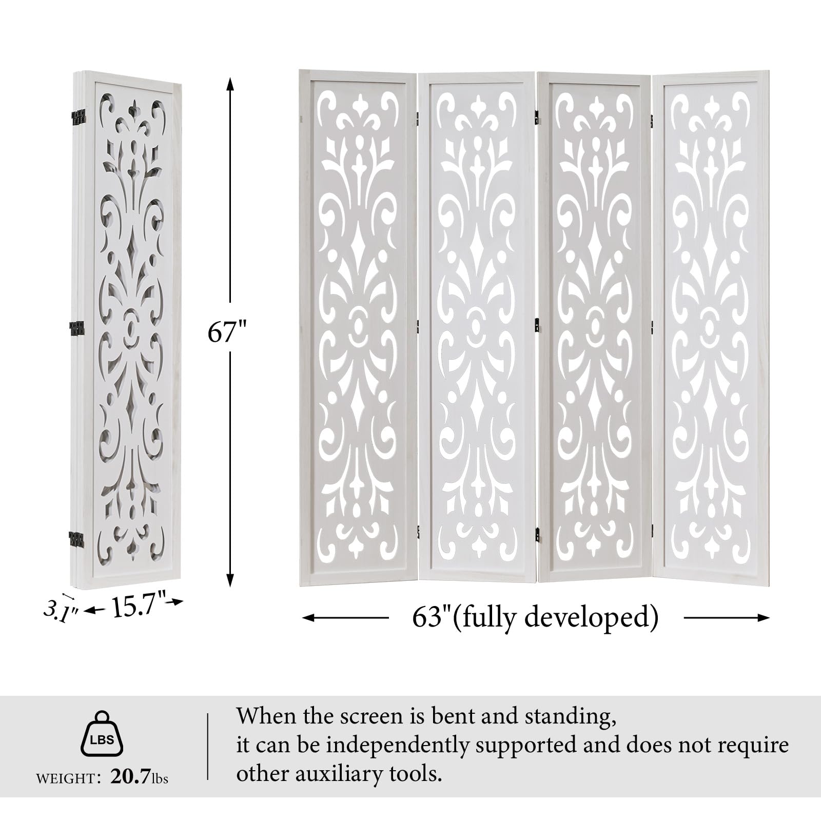 5.6Ft Room Divider Folding Wood Classical Carved Partition Screen for Home Office Garden - 4 Panels (White)