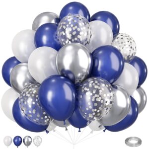 navy blue and silver balloons 60pcs, 12 inch navy blue metallic silver and white pearl party balloons with silver blue confetti latex balloons for birthday graduation space theme party decorations