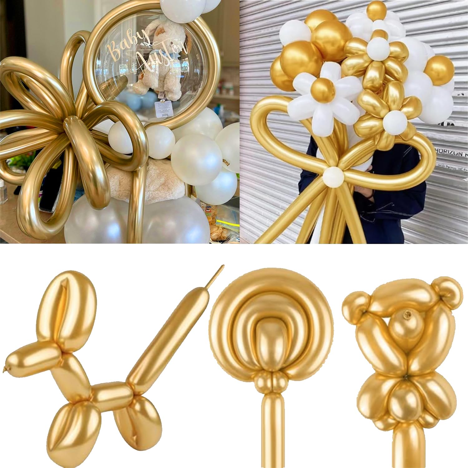 PNSFNE White and Gold Balloon Garland Arch Kit with Long Balloons, 5 10 12 18 inch Matte White Metallic Gold Confetti balloons for Wedding Engagements Birthday Graduation Anniversary Party Decorations