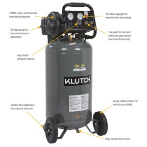 Klutch Portable Air Compressor, Workshop Air Compressor With Oil-Less Pump, 2 HP Motor, Thermal Overload Protection, Rubber Foot Stabilizers, 20 Gallon Garage Air Compressor