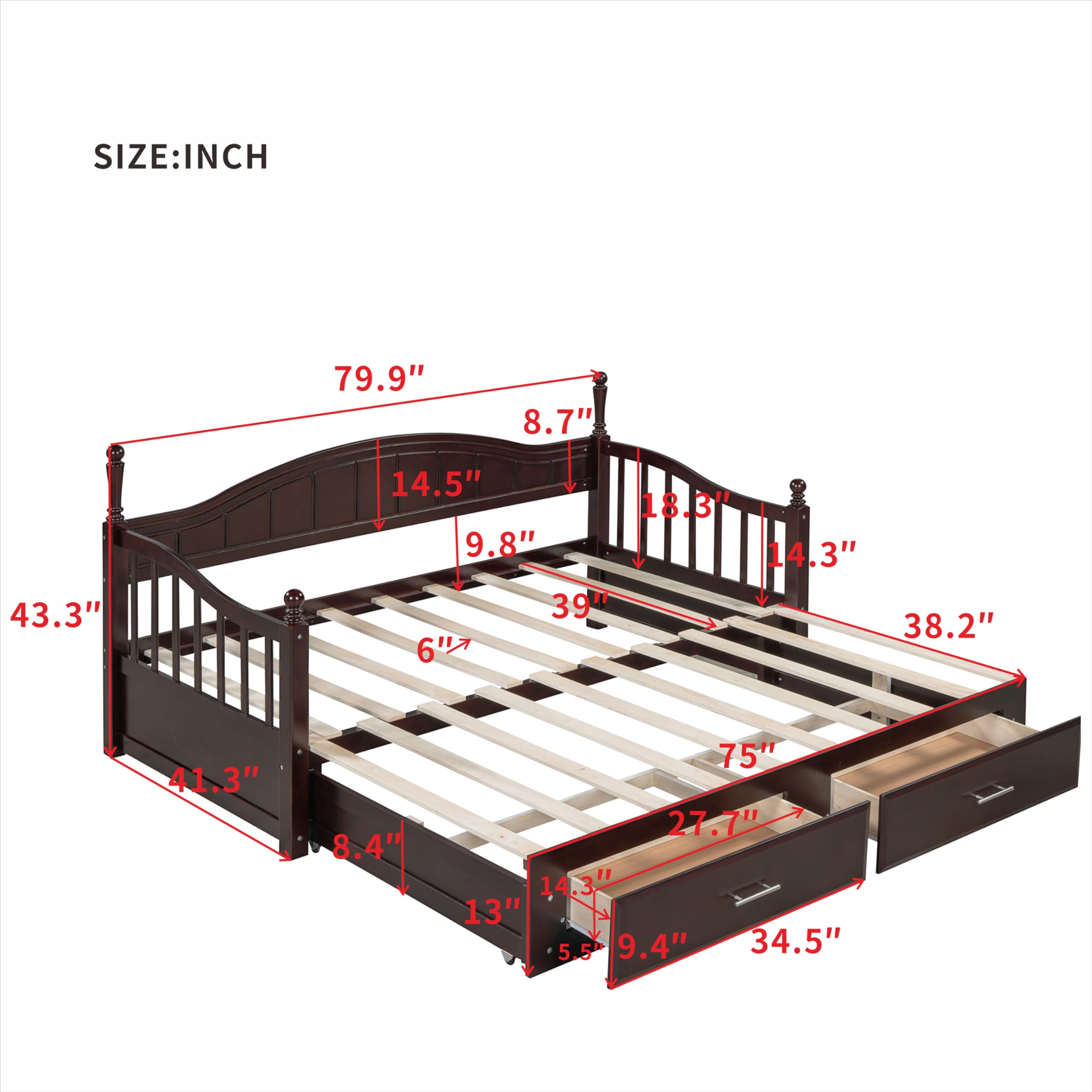 Guxeei Twin Size Daybed, Wooden Extendable Sofa Bed Frame with Twin Size Trundle and Two Storage Drawers for Bedroom, Sturdy Wood Slat Support, No Box Spring Needed, Easy Assembly (Espresso)