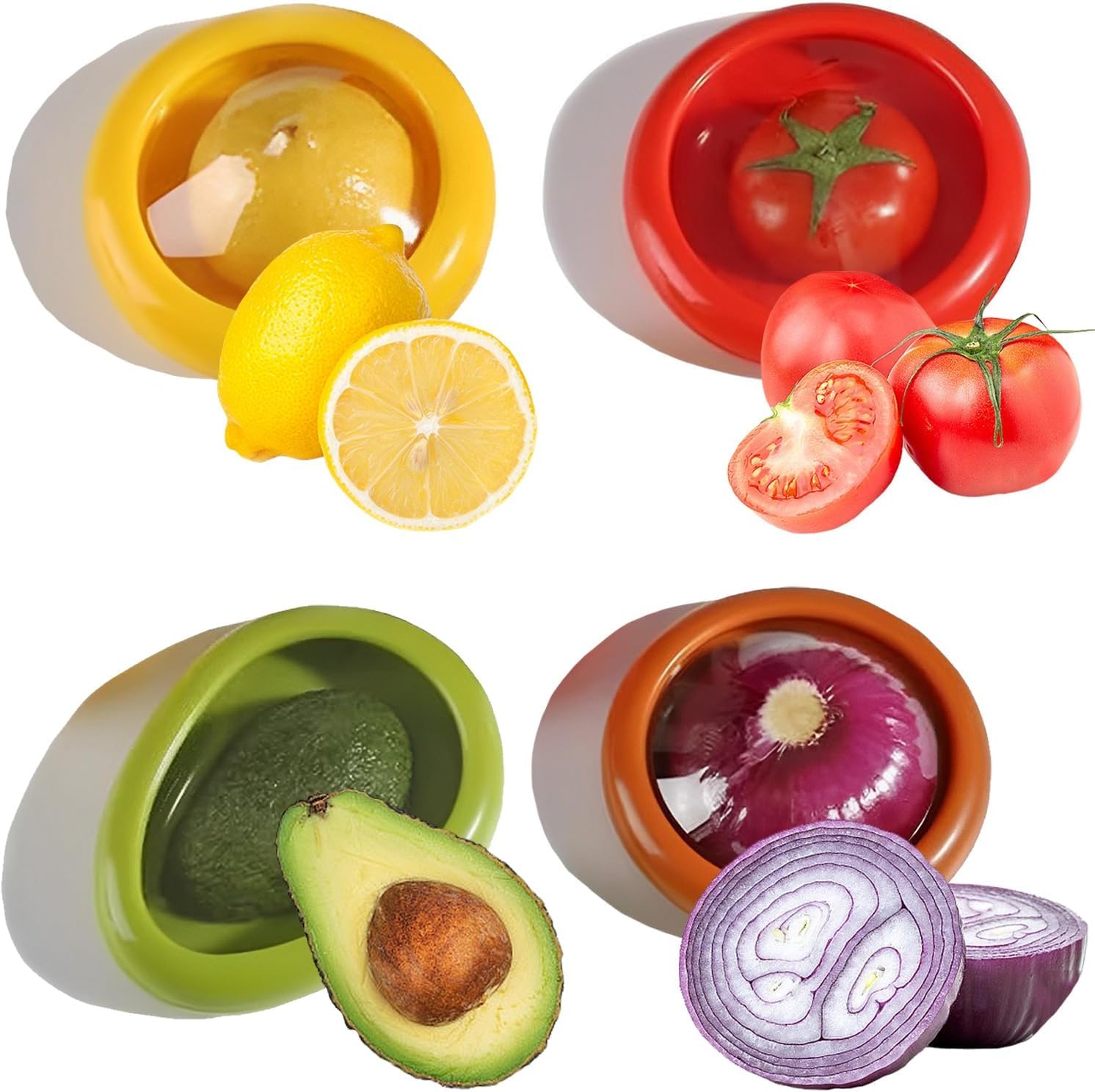 Avocado Saver and Onion Storage, Set of 4 Reusable Storage Containers for Fridge, Keeps Avocados Fresh Ideal for Garlic, Onions, Lemons and Potatoes (Red Yellow Green Brown)