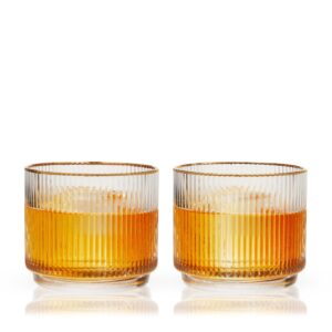 Viski Meridian Crystal Lowball Tumblers, Art Deco Whiskey Glasses, Crystal Scotch Glasses, Crystal Old Fashioned Glasses, Ribbed Glassware 12oz Set of 2