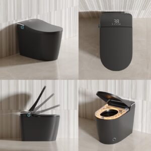 Black Smart Toilet with Auto Open/Close Lid and Foam Shield, Modern One Piece Tankless Toilet with Bidet Built In, Heated Seat, Warm Water, Warm Air Drying, Foot Sensor Operation.