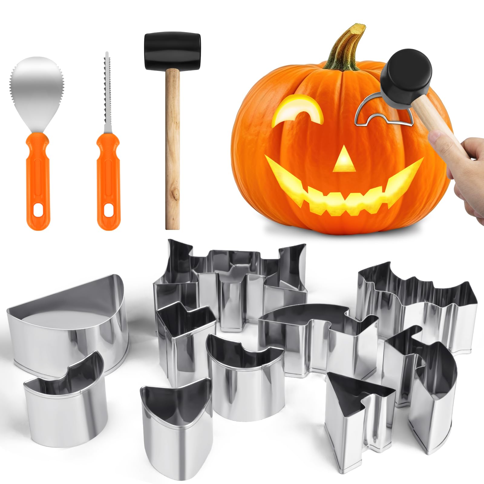 Halloween Pumpkin Carving Kit, 13 PCS Stainless Steel Pumpkin Carving Tool Set with 10 Carving Stencils and 3 Tools, DIY Jack-O-Lantern Craft Party Decorations for Teenagers, Kids and Beginners.