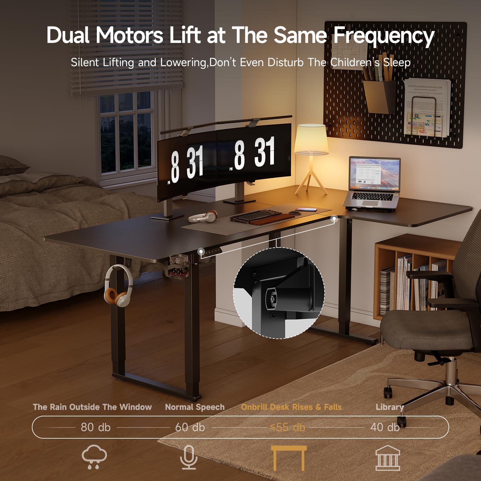 ONBRILL Standing Desk, 71x43 Inches L Shaped Desk with 4 Legs, Dual Motor and Memory Controller, Electric Stand Up Desk Adjustable Height from 28-46 Inches for Computer Workstation