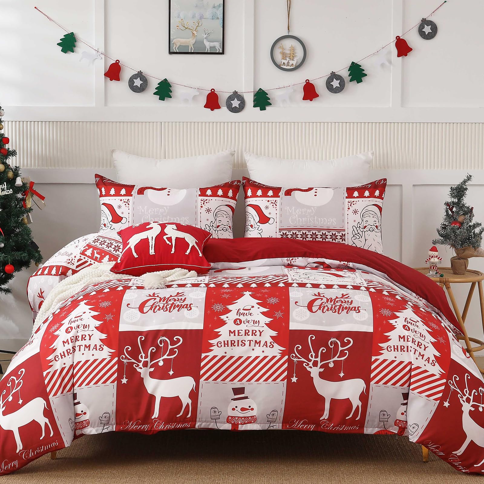 Dintszyayue Christmas Duvet Cover Set Queen,3 Pieces Holiday Reindeer Pattern Comforter Cover with Zipper Closure,Reversible Lightweight Patchwork Bedding Set with 2 Pillow Shams 90"x90"