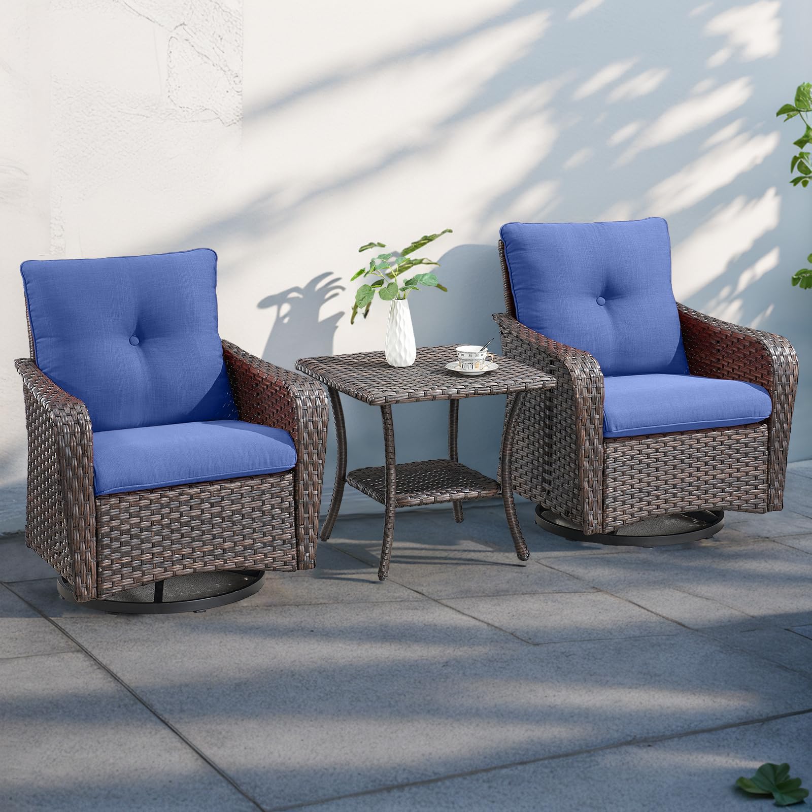 Rilyson Outdoor Patio Rocking Swivel Chairs - 3 PC Wicker Patio Furniture Rocker Chair Set Rattan Patio Bistro Sets with Side Table for Porch Deck Backyard Garden(Brown/Blue)