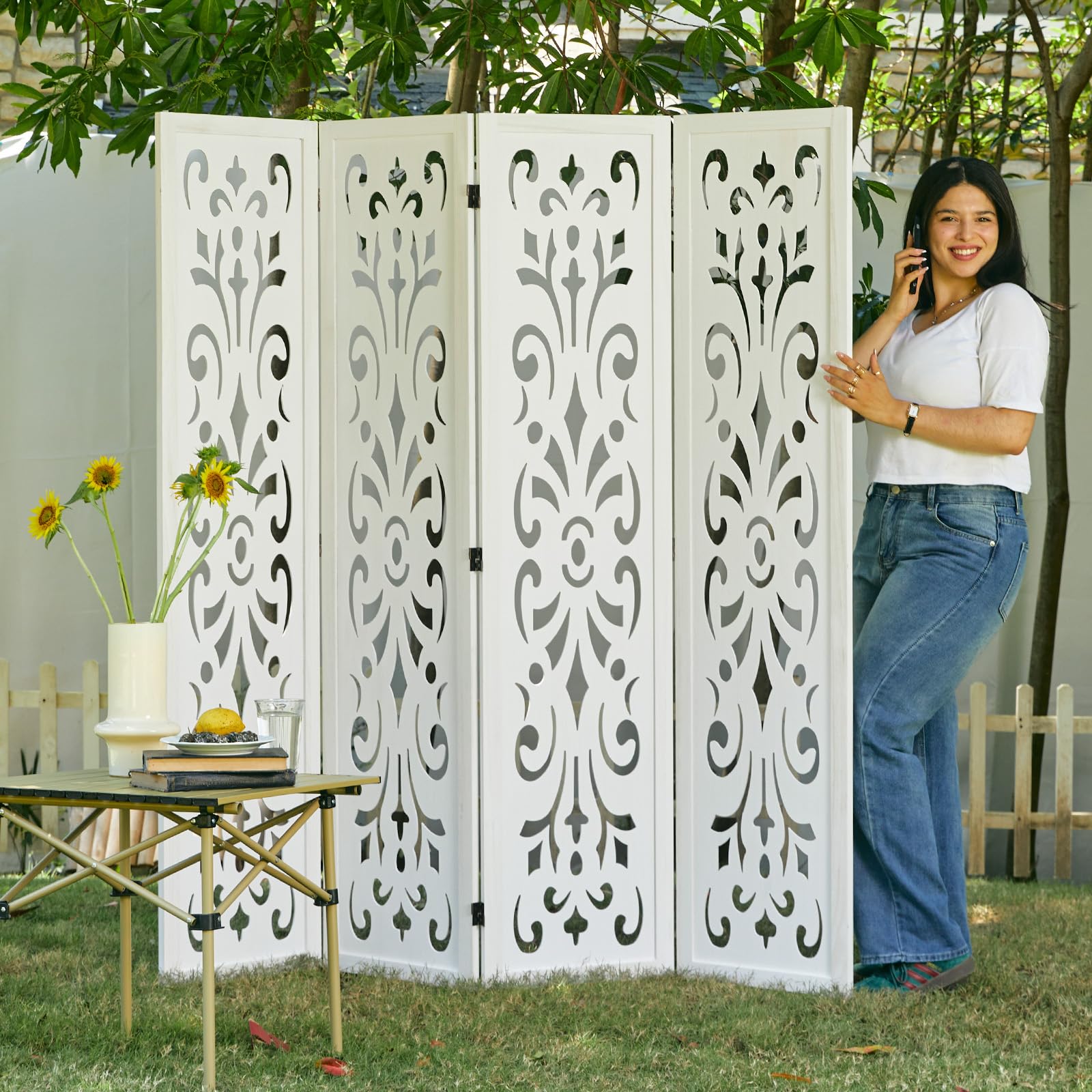 5.6Ft Room Divider Folding Wood Classical Carved Partition Screen for Home Office Garden - 4 Panels (White)