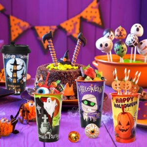 FZR Legend 24 Pack Halloween Party Favors Goodie Cups, Bats Ghost Cats Pumpkin Witch Spider Party Plastic Cups with 4 Patterns, 16OZ Reusable Halloween Party Decorations Supplies Cups with Lids Plugs