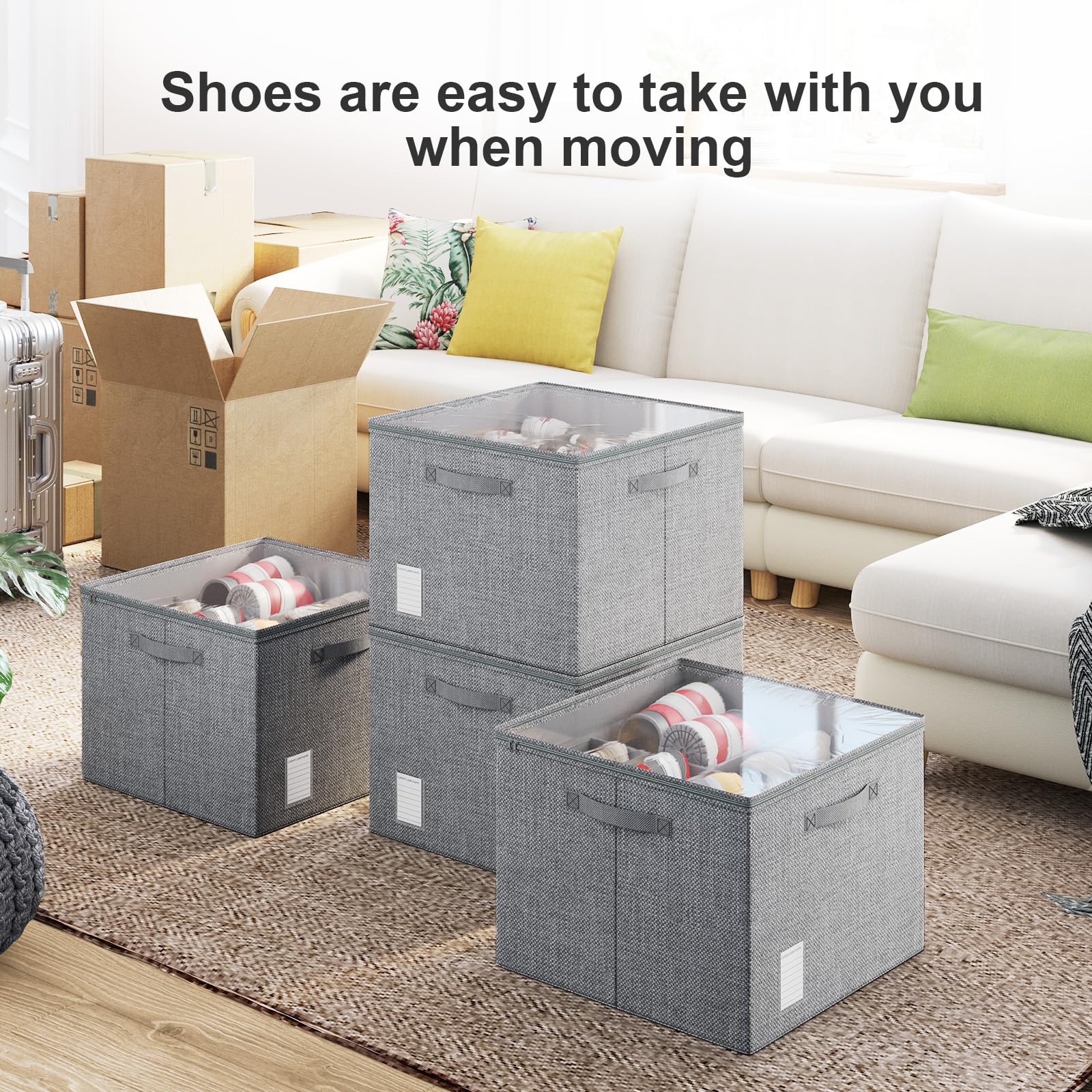 DIMJ Shoe Organizer for Closet - Adjustable Shoe Storage Organizer W/Clear Cover, Linen-like Shoe Storage Box Bins Cube, Foldable Shoes Holder w/Reinforced Handles Grey 2 Pack Fit up to 32 Pairs