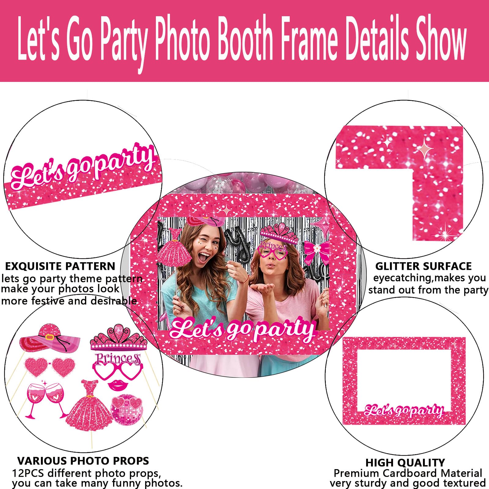 LMSHOWOWO 30PCS Funny Hot Pink Girls Princess Photo Booth Props, Let's Go Party Princess Doll Theme Photo Booth Frame for Girls Birthday Party Decorations Bachelorette Bridal Shower Party Supplies