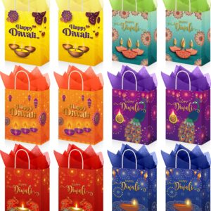 Kolldenn 48 Pcs Happy Diwali Gift Bags with Tissue Paper Festival of Lights Favors Bags with Handles Indian Diwali Goodie Gift Bags for Diwali Deepavali Party Indian Celebration Supplies Decoration