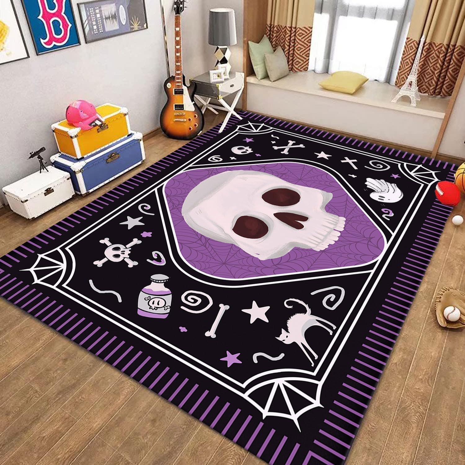 USHIRUG Halloween Area Rug, 3x5ft, Gothic Purple Cartoon Skull Ghost Non-Slip Living Room Rug, Cute Cartoon Halloween Theme Home Decoration for Boys Girls Bedroom Playroom Kids Room Floor Mat