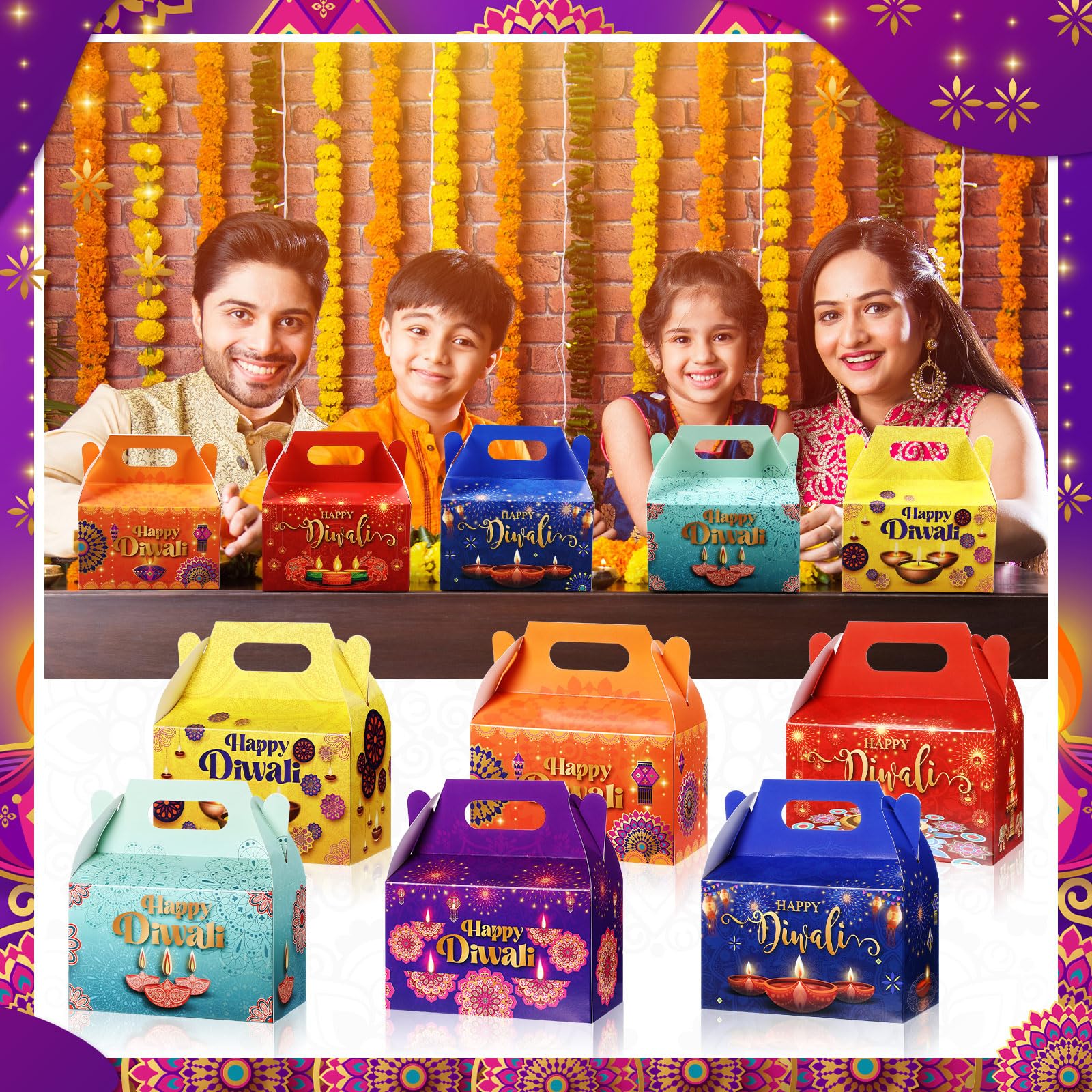 Kolldenn 24 Pcs Happy Diwali Party Favor Gift Boxes, Diwali Treat Boxes Indian Festival of Lights Gifts Gable Boxes Goodie Candy Snack Sugar Chocolate Gift Boxes for Diwali Party Decorations