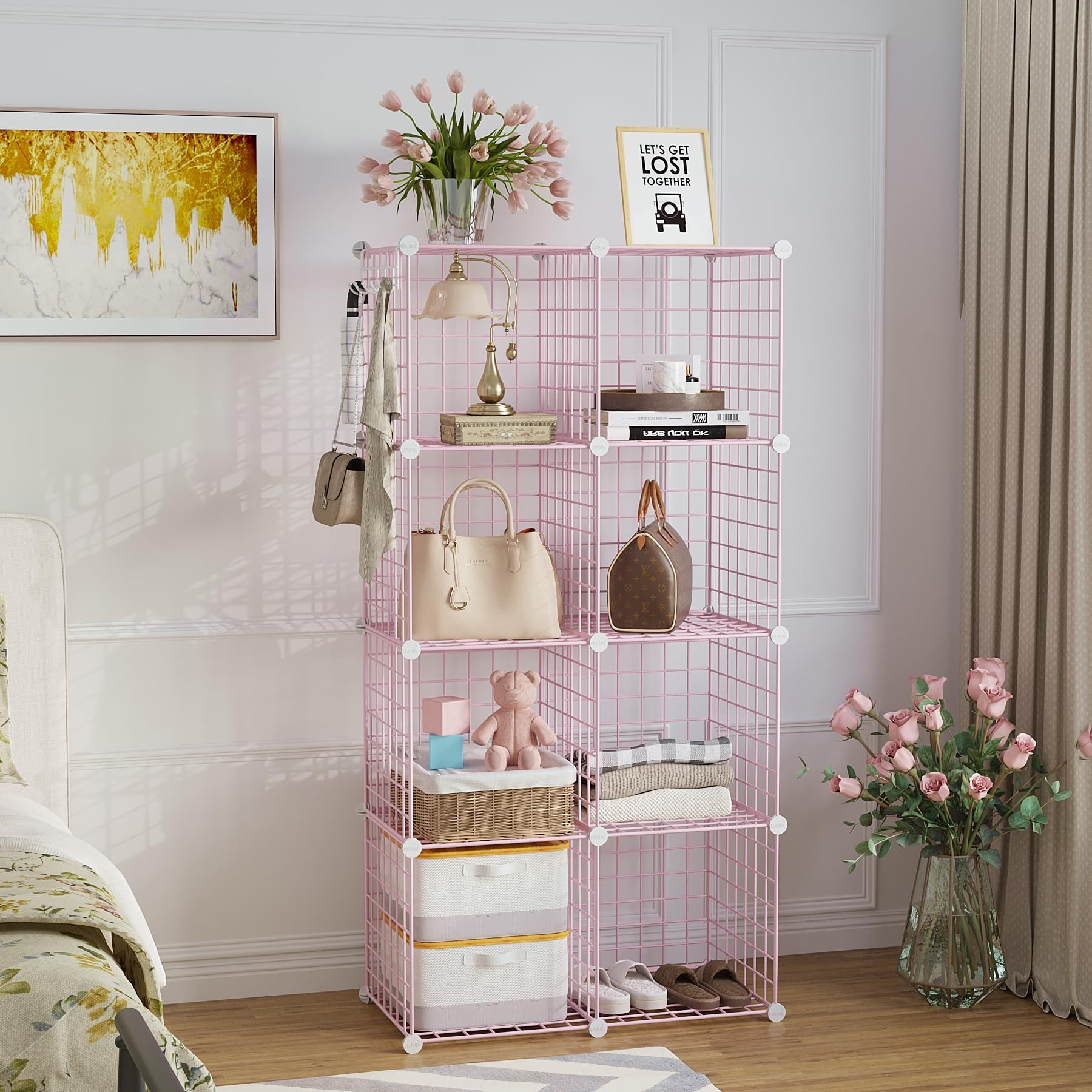 C&AHOME Wire Cube Storage, 8 - Cube Organizer Metal C Grids, Modular Shelves Units, Closet Organizer, Ideal for Home, Office, Living Room, 24.8" L x 12.4" W x 48.4" H, Pink UWCS3008P