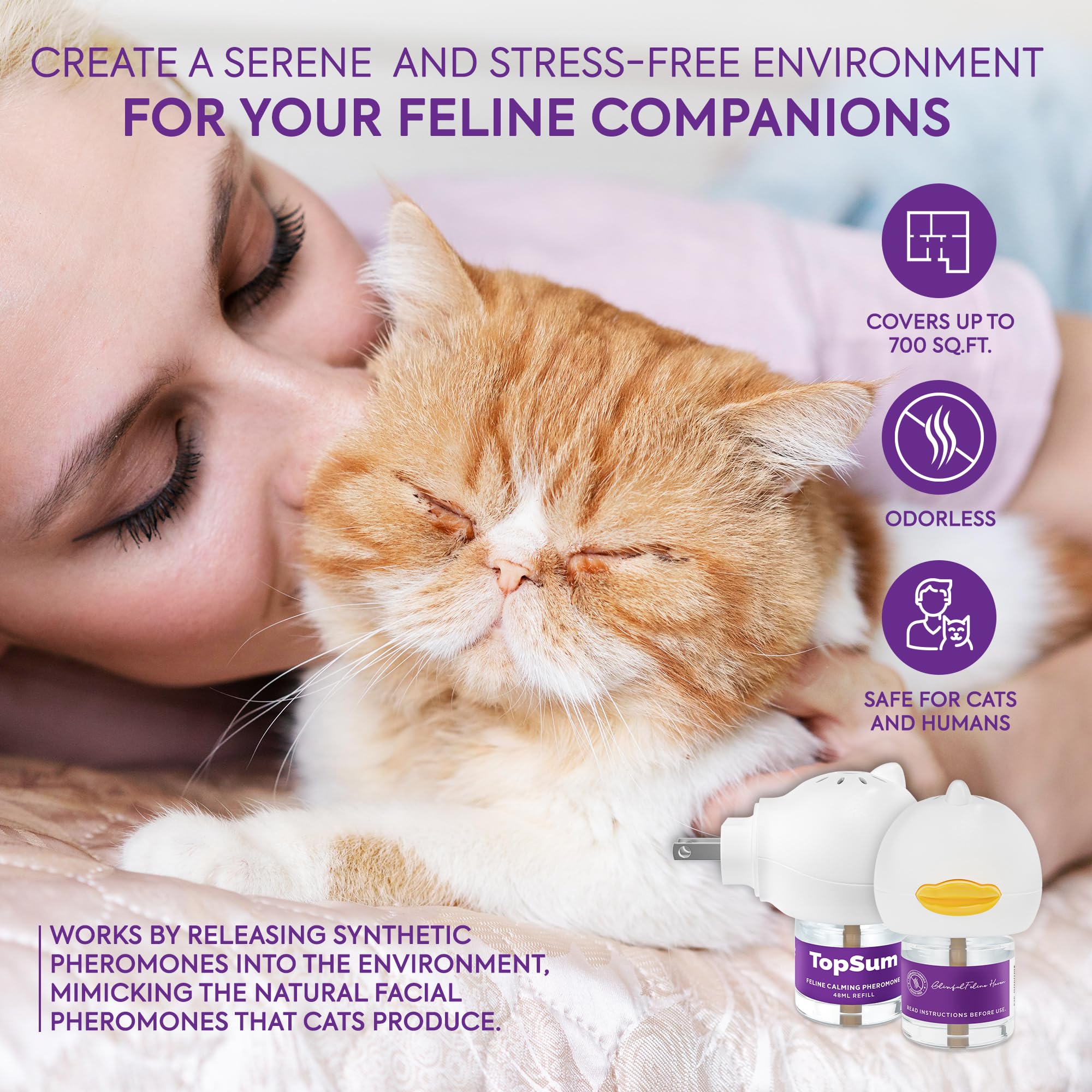 TopSum Cat Calming Diffuser Refills: 4 Pack Cat Pheromones Calming Diffuser Refill - Premium Cat Calming Diffuser Refill - Cat Pheromones for 4-Month Use, Cat Anxiety Relief, 4 Pack (Light Purple)