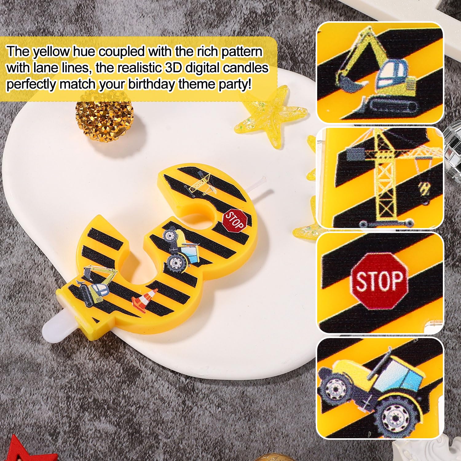 Construction Birthday Candle, Happy Birthday Candles Numbers Construction Cake Topper Yellow and Black Striped Candles for Boys Construction Birthday Party Supplies Decorations (Number 3)