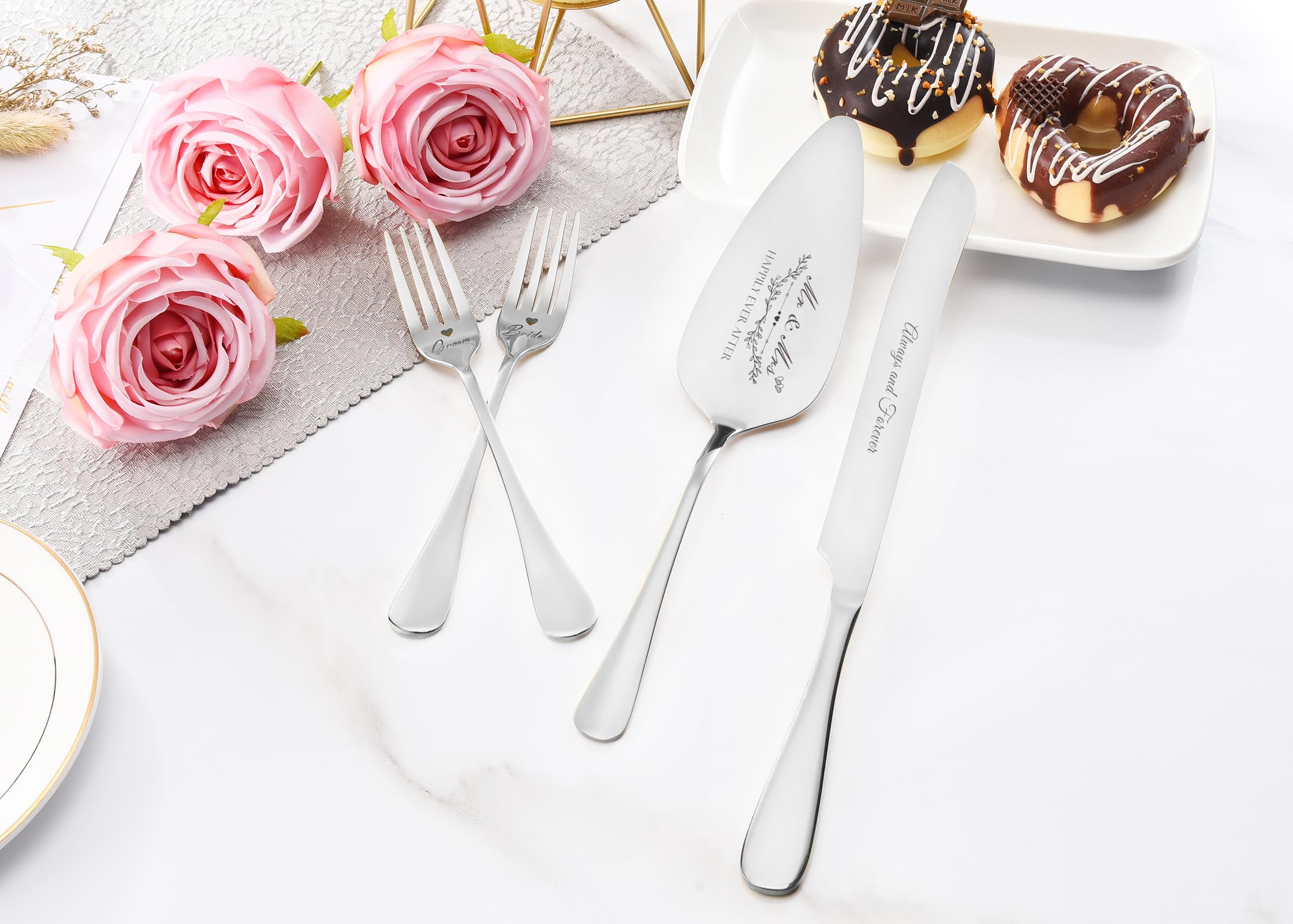 BEKESIN Wedding Cake Knife and Server Set, Silver Cake Cutting Set for Wedding 2024, 4 Piece Cake Knife Set with Forks for Engagements, Weddings and Anniversaries