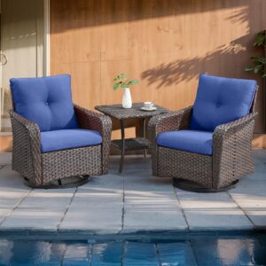 Rilyson Outdoor Patio Rocking Swivel Chairs - 3 PC Wicker Patio Furniture Rocker Chair Set Rattan Patio Bistro Sets with Side Table for Porch Deck Backyard Garden(Brown/Blue)