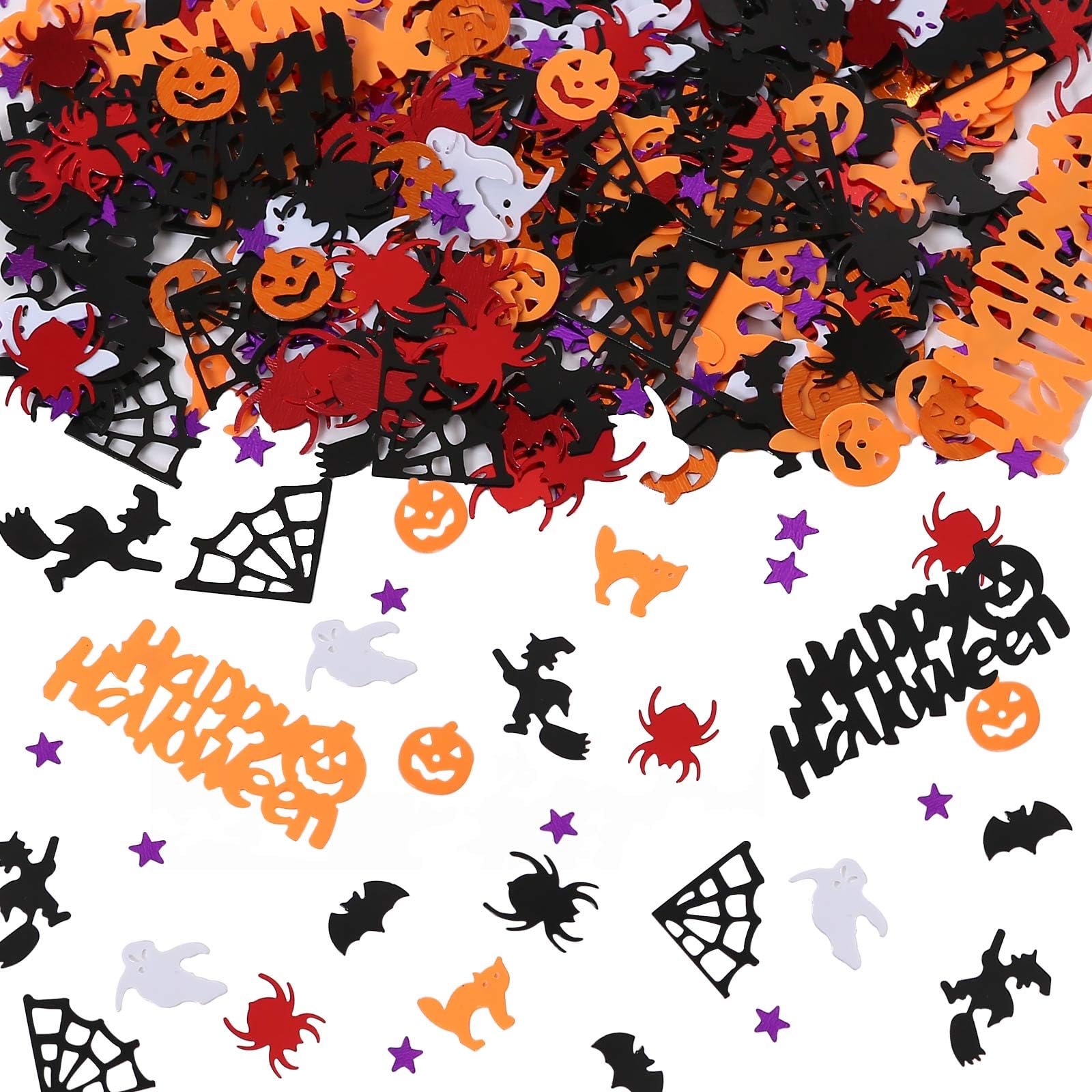 Halloween Party Table Scatter Confetti, 60g Pumpkin Spider Webs Bat Foil Metallic Confetti Party Table Decoration Halloween Party Supplies (Happy Halloween)