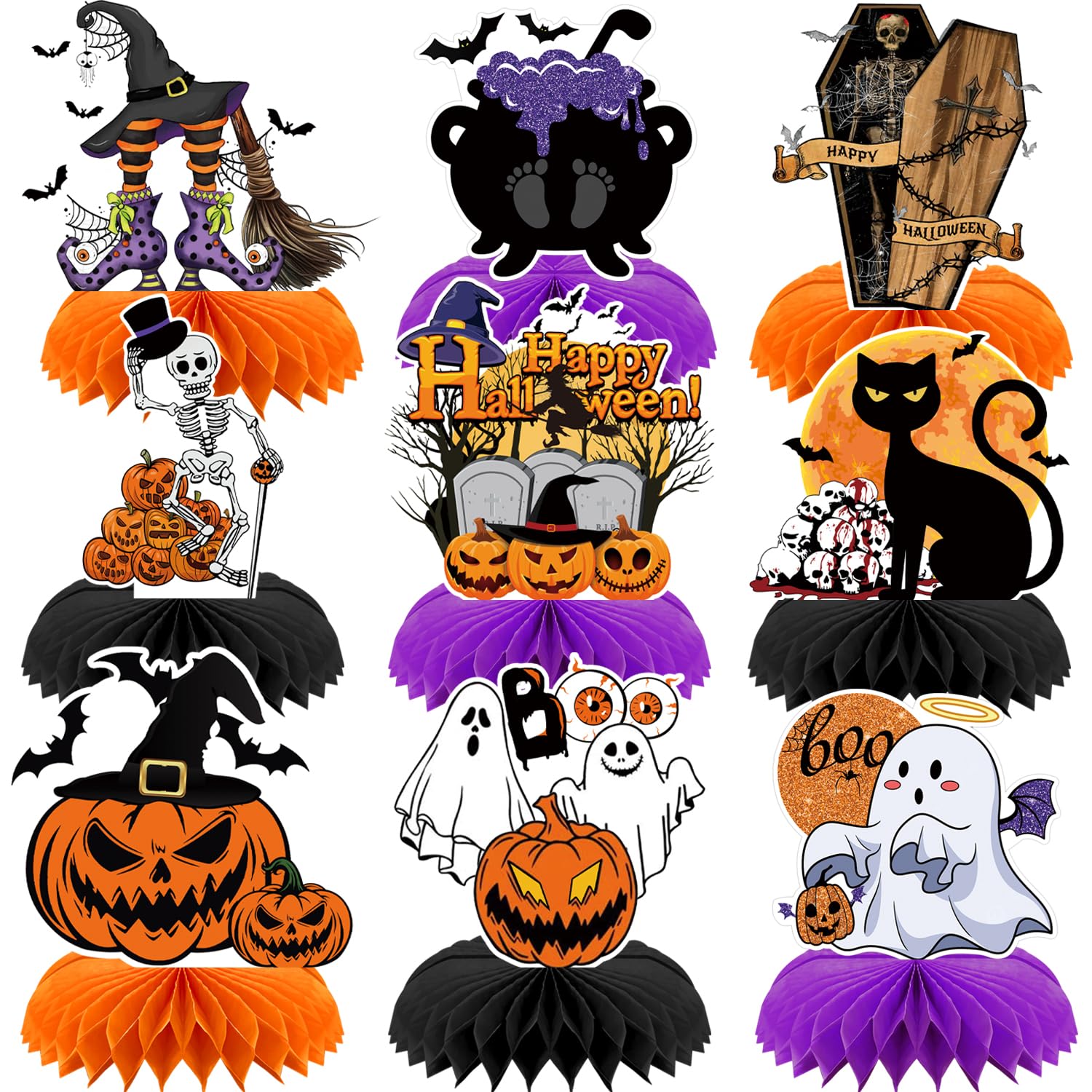 9pcs Halloween Decorations Honeycomb Centerpieces - Halloween Table Decorations for Halloween Parties, Spooky Theme Designs with Witches, Pumpkins, Ghosts, and Skeletons