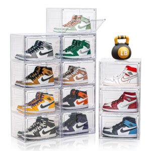 12 pack clear shoe boxes stackable,large shoe storage organizer with magnetic door,drop side shoe containers for entryway,sneaker storage fit up to us size 13 for men/women(13’’x 10.62”x 8.26”）