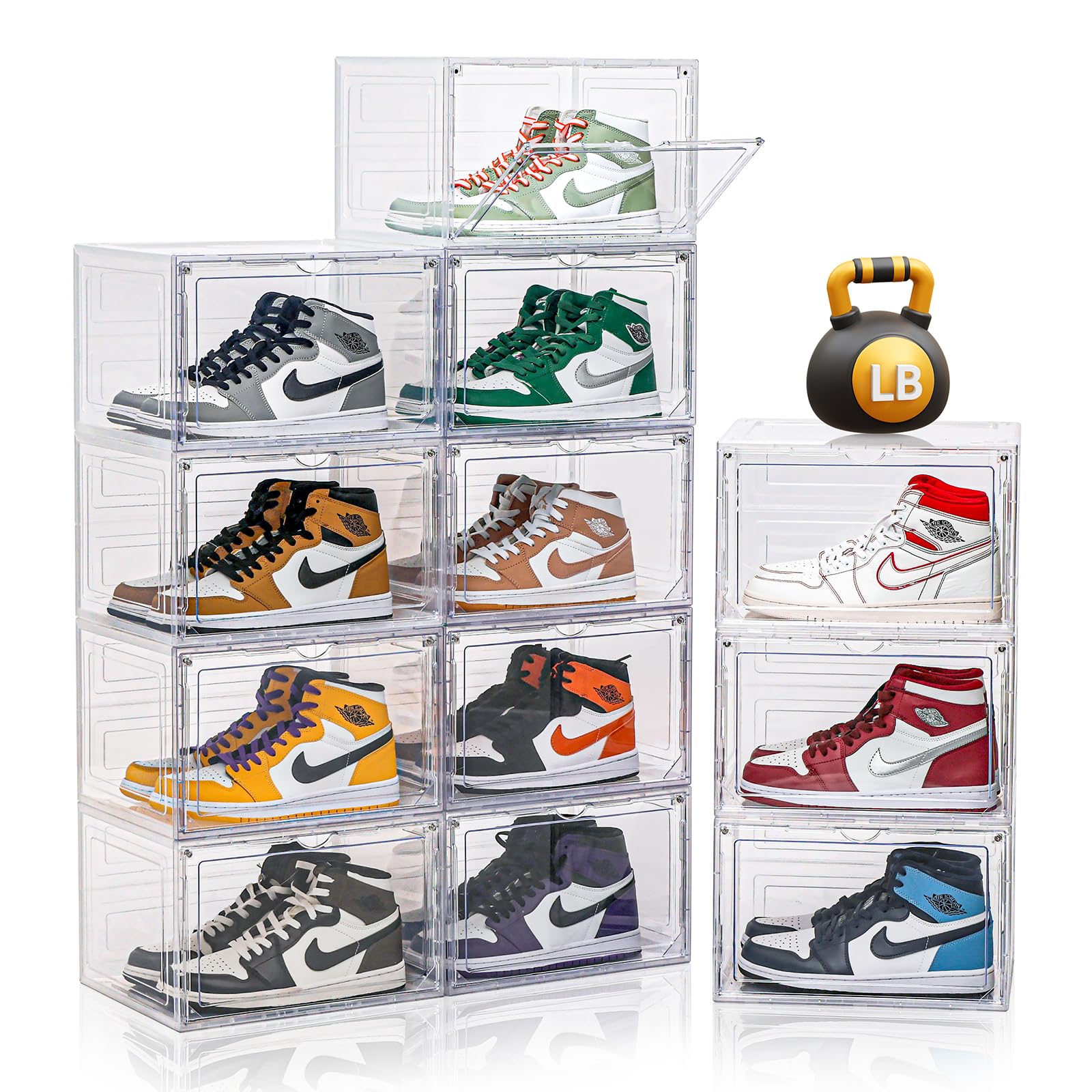 12 Pack Clear Shoe Boxes Stackable,Large Shoe Storage Organizer with Magnetic Door,Drop Side Shoe Containers for Entryway,Sneaker Storage Fit up to US Size 13 for Men/Women(13’’x 10.62”x 8.26”）