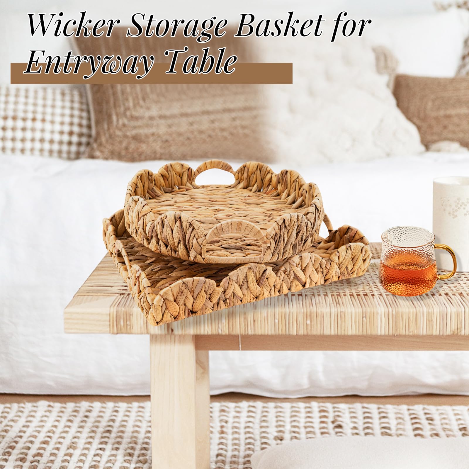 Scalloped Wicker Tray 2-Pack Woven Rattan Baskets with Handle Natural Water Hyacinth Wicker Tray Shelf Decorative Round and Square Wicker Storage Baskets for Bathroom Living Room Organizer