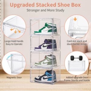 12 Pack Clear Shoe Boxes Stackable,Large Shoe Storage Organizer with Magnetic Door,Drop Side Shoe Containers for Entryway,Sneaker Storage Fit up to US Size 13 for Men/Women(13’’x 10.62”x 8.26”）