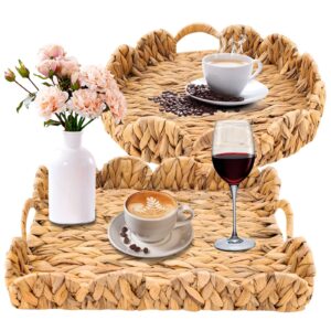 scalloped wicker tray 2-pack woven rattan baskets with handle natural water hyacinth wicker tray shelf decorative round and square wicker storage baskets for bathroom living room organizer