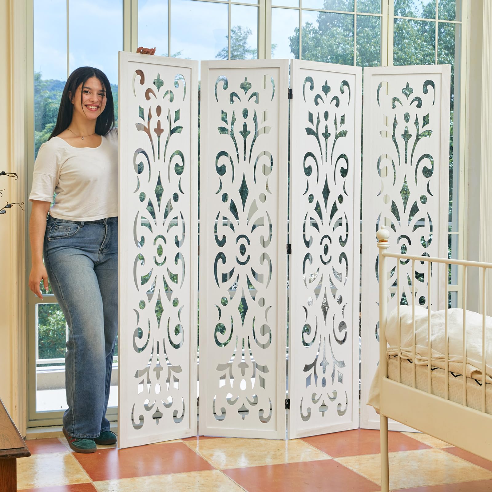 5.6Ft Room Divider Folding Wood Classical Carved Partition Screen for Home Office Garden - 4 Panels (White)